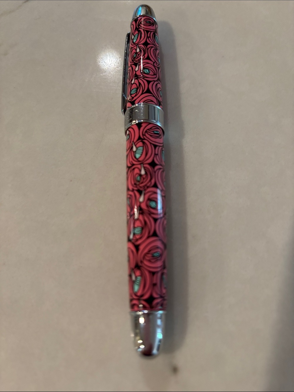 Acme Pink Floral Metal Rollerball Pen with Silver Trim